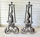 Monumental Antique Pair Of Wrought Iron Celtic Triquetra Merman Merrow Andirons