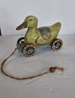 Pair Vintage Wood Duck Pull Toy 1990s Green   Beige On Wheels Collectible Wooden