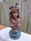 Vintage Figural  Bronze Lady Bust Floral Hat  Marble Base Art Deco Sculpture 10 