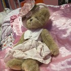 Beige Plush Teddy Bear W  Clothes  Pink Floral Dress   Hat  Black Eyes