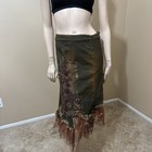 Women   s Brown Denim Cotton Stretch Beaded Lace Boho Zip Size L 8-10  Skirt 9002