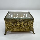Jewelry Trinket Box Casket Vintage Filigree Roses Ormolu Gold Ornate Flower