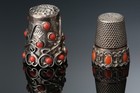 Lot Of 2 Vintage Mexican Sterling Silver   Red Coral Artisan Sewing Thimbles