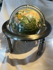 Gemstone Inlay World Globe Green Pearl Swirl Ocean 4 Leg Silver Tabletop Stand