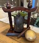Vtg Tibetan Bronze Temple Bell On Stand With 3    Singing Bowl mallet  10   hx8 5   l