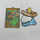 Vtg Colorful Stained Glass  Sun Catcher Set 2 Sleeping Amigo Cactus Desert Decor