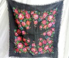 Black Wool Shawl  Vintage Ukrainian Floral Scarf  Folk Slavic Shaw Soviet Ussr