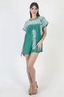 Green Oaxacan Dress White Floral Hand Embroidery Mexican Puebla Tunic Kaftan Top