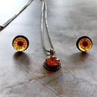 Vintage Sterling Silver Necklace   Earring Set With Yellow Wildflower In Resin