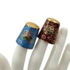 Vintage Cloisonne Enamel Thimbles Set Of 2 Bird And Floral Blue Burgundy Gold