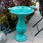 24 In  Tall Outdoor Ceramic Antique Pedestal Birdbath 2 Bird Figurines Turquoise