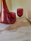 Cranberry Glass  With Etched Flowers Genie Decanter And 4 Glasses