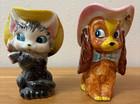 Set Of Vintage Porcelain Dog Cat Planters Side Eyes Enesco Japan Foil Stickers 
