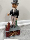 Vintage Cast Iron Uncle Sam Mechanical Coin Bank Missing Coin Cap Still Works 