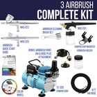 Master 3 Airbrush Dual Fan Air Compressor Professional Kit  Gravity Siphon Feed