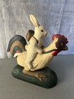 Vintage Wooden Easter Bunny Riding Rooster Folk Art Spring Decor Figurine