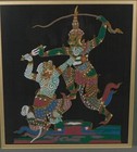 Vintage Painting On Silk Thai Asian Warriors Battling Wall Art Framed 16  Square