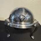 Vintage Silver Plate Roll Top Lid Caviar Butter Dish Lion Heads Paw Claw Feet