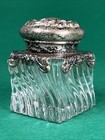 Pressed Glass Inkwell With Hinged Sterling Silver Lid Vintage Decorative Antique