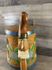 Vintage Norwegian Folk Art Wooden Tankard Hand Painted Fjord Scene Carved Face