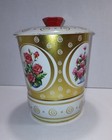 Vintage Floral Tin Container With Lid White Gold With Flowers 7  Tall