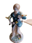 Vtg European Porcelain Hand-painted Child  Birds   Flowers Figurine Gold Gilt