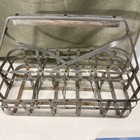 Vtg Riveted Silver Metal Milk oil 8 Bottle Carrier Basket Wood Handle 18    X 12   