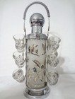 Vintage Mid-century Chrome And Frosted Decanter  shot Glass Set  From The 1940