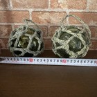 Vintage Japanese Glass Fishing Float Buoys 11cm Green W  Rope Net Set Of 2