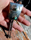 Big Old Navajo Handmade Sterling Silver Turquoise Stones Animal Tracks Bolo Tie