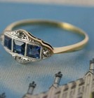 Vintage Art Deco Style Blue Sapphire   Diamond 14k Gold Finish Anniversary Ring