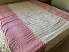Antique Hand Embroidered Handmade Pink White Cotton Lace Twin Bedspread Coverlet
