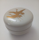 Vtg Macys Exclusive Japan Porcelain Powder Jar Box Gold Egret Bird Vanity Puff