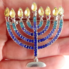 Nwot Jewish Hanukkah Menorah  Candelabra Crystal Rhinestone   Silver Brooch Pin