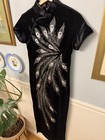 Chinese Cheongsam Qipao Dress Large  Peacock Tail Black Velvet Traditional Bling