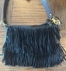 Tory Burch Black Suede Tiered Fringe Crossbody Shoulder Bag Gold Hardware Boho