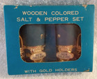 New Vtg Wooden Salt And Pepper Set Blue W gold Colored Holders New Orleans La