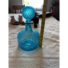 Vintage Aqua Blue Diamond Quilted Glass Decanter With Round Stopper 8 5 