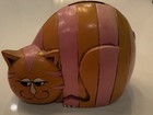 Vintage Pink Brown Striped Cheshire Cat Piggy Bank Coin Bank  Animals Theme
