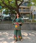Women s Teal Green Floral Kurta Palazzo Set Indian Ethnic Wear Long Sleeve