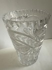 Vintage Heavy Cut Crystal Vase Diamond   Starburst Pattern Sawtooth Rim 8 25 