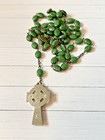 Vintage Irish Rosary 25 5  Lg Hand Wired Clover Green Beads Celtic Catholic