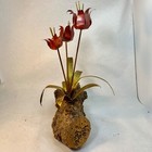Brutalist Metal Brass Lilly Flowers Sculpture Burl Driftwood Vintage