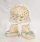 Vintage Handmade Crocheted Crochet Baby Hat And Booties Cream Blue 1940 s