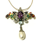 Sterling Silver Art Nouveau Plique A Jour Amethyst Pearl Flower Brooch Necklace