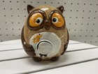 Owl Ceramic Coin Bank Flower Detail Brown Tan Taiwan Pottery Money Saver Vintage