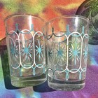 Set Of 2 Clear Glass Tumblers Blue white Starburst Atomic Mid-century Modern