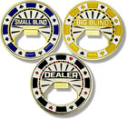 Set Of 3 Metal Bottle Opener Poker Buttons - Dealer Button  Big Blind And Small 