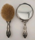 Flowers   Scrolls Antique Art Nouveau Era Silver Looking  Hand Mirror   Brush