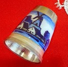 Excellent Vintage Sterling Thimble Signed 925  Enamel Delph Blue Windmill Sz 7